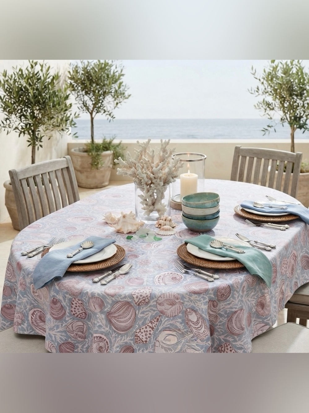 Sigrid Olsen Seashell Print Tablecloth in Blue and Pink